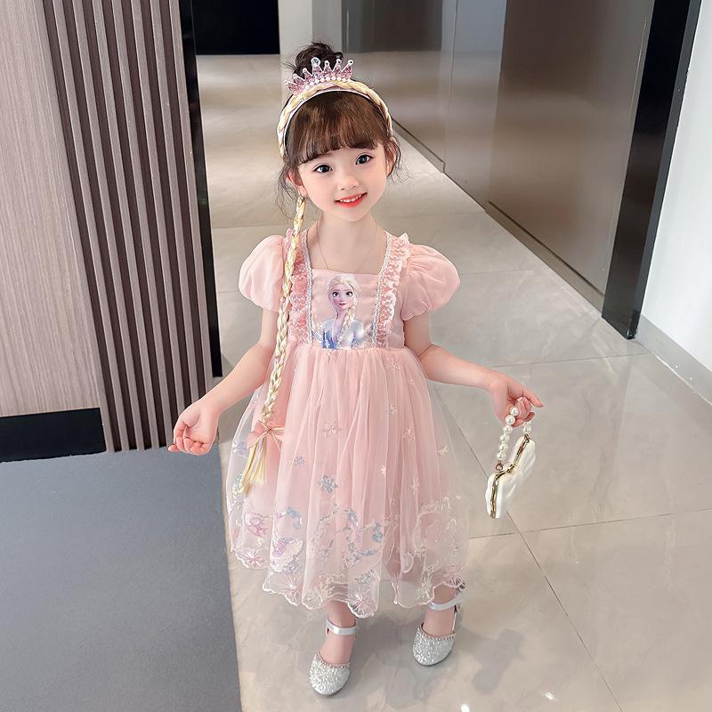 "Stylish Short-Sleeved Elsa Princess Dress for Girls: Trendy Summer Puffy Skirt"