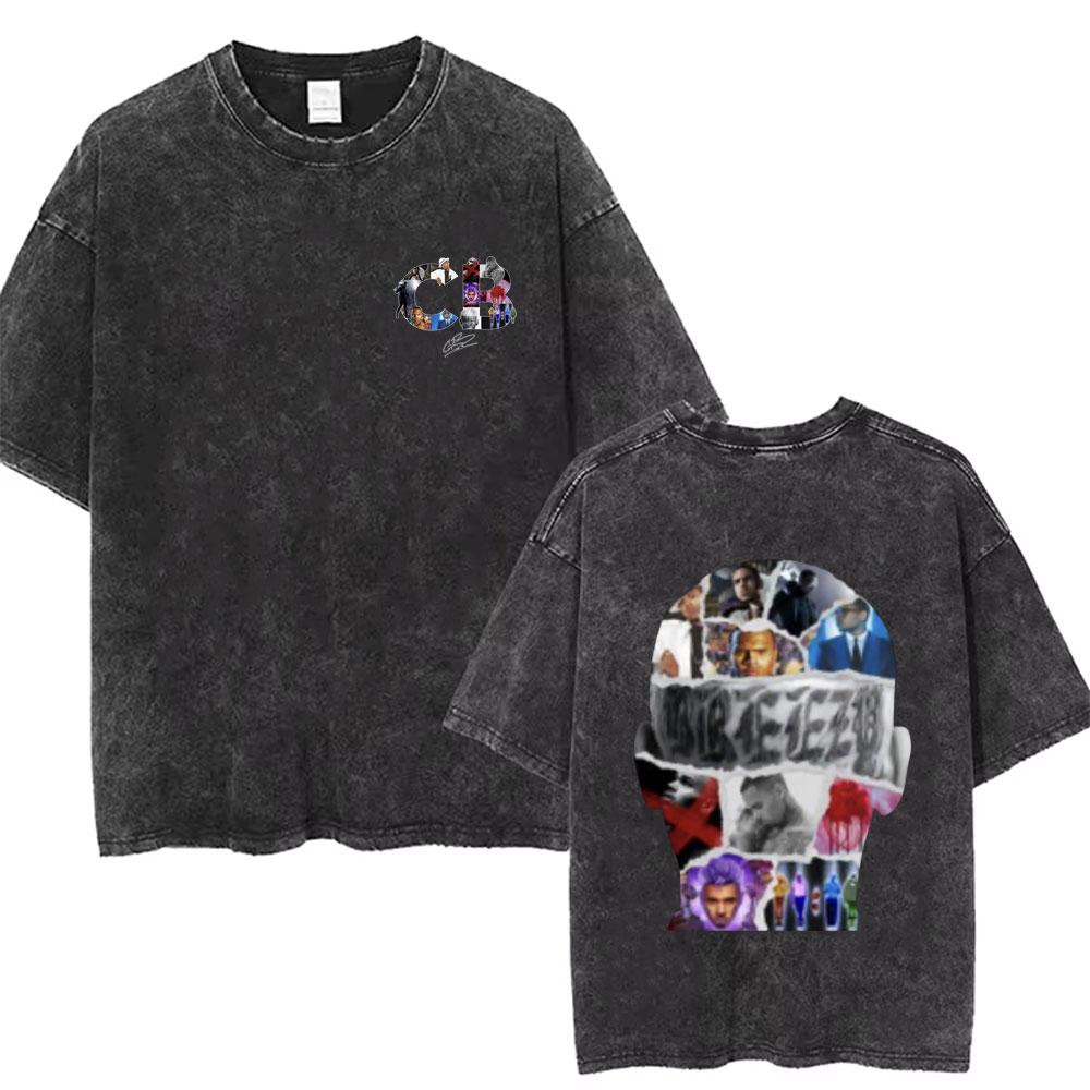 Washed Chris Brown Music Album Cover Print Tshirt Breezy Bowl XX Tour Merch T Shirts Men Women Hip Hop High Quality Tshirt