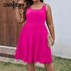 Плюс Размер Женское Летнее Платье Свободного Однотонного Цвета Без Рукавов Средней Длины