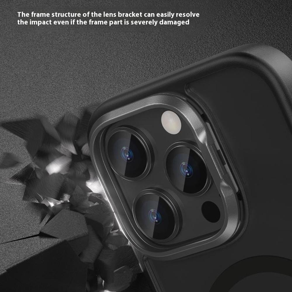 For iPhone 16 Pro Max Magnetic Case Anti Drop TPU + PC Phone Cover with Lens Frame Kickstand
