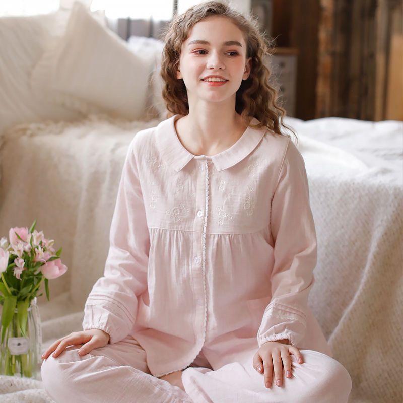 Японская милая принцесса вышитая домашняя одежда женская пижама с длинным рукавом весна осень чистый хлопковый марлевый тонкий домашний комплект