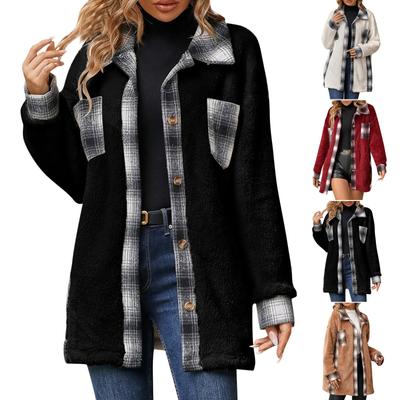 Женская повседневная клетчатая плюшевая куртка с длинными рукавами и карманами на лацканах