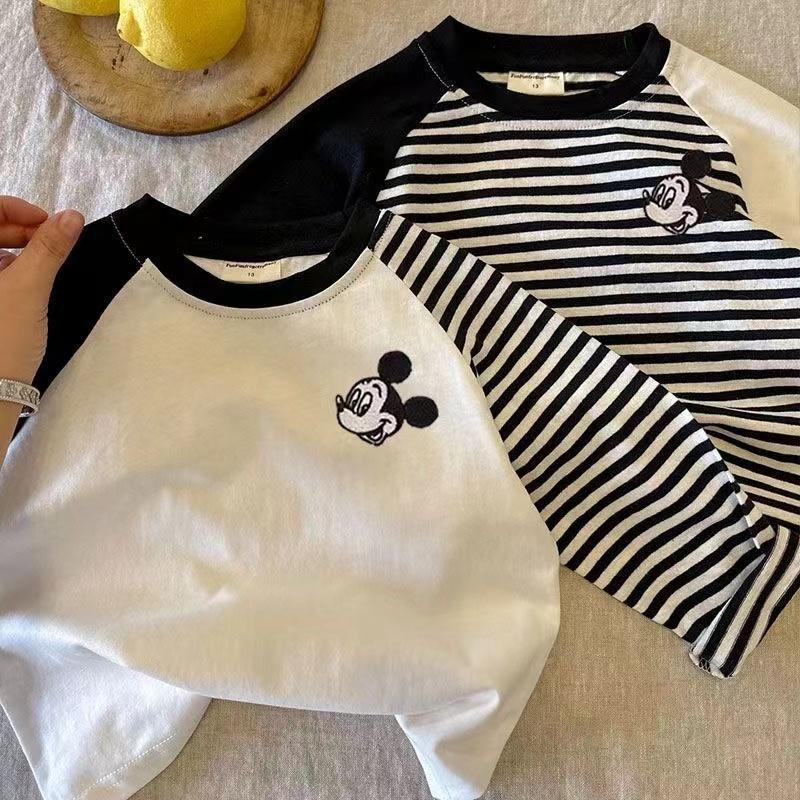 Kids Cotton Embroidered Raglan Stripe T Shirt Boys Girls Korean Casual Base Layer Top