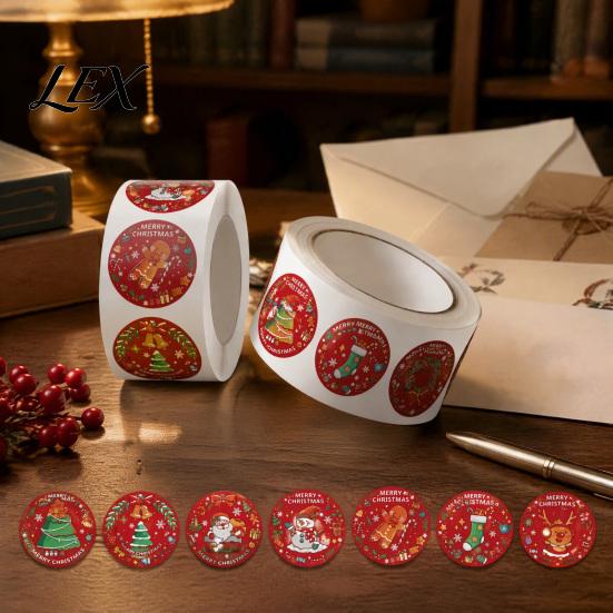 Festive Packaging Seals Christmas Roll Stickers, 8 Patterns Print, Round Holiday Envelope Bulk Seals, Decorative Coated Paper Stickers for Gift