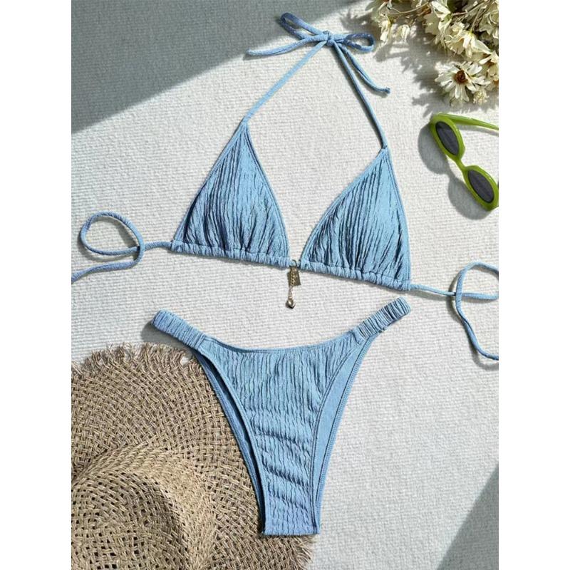 Розовый текстурированный треугольный бикини-комплект с подвеской, стринги, купальник из двух частей