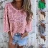 Women Tops Round Neck 3/4 Sleeves Lace Decorated Loose Fit Casual Shirt Solid Color Breathable Irregular Tops