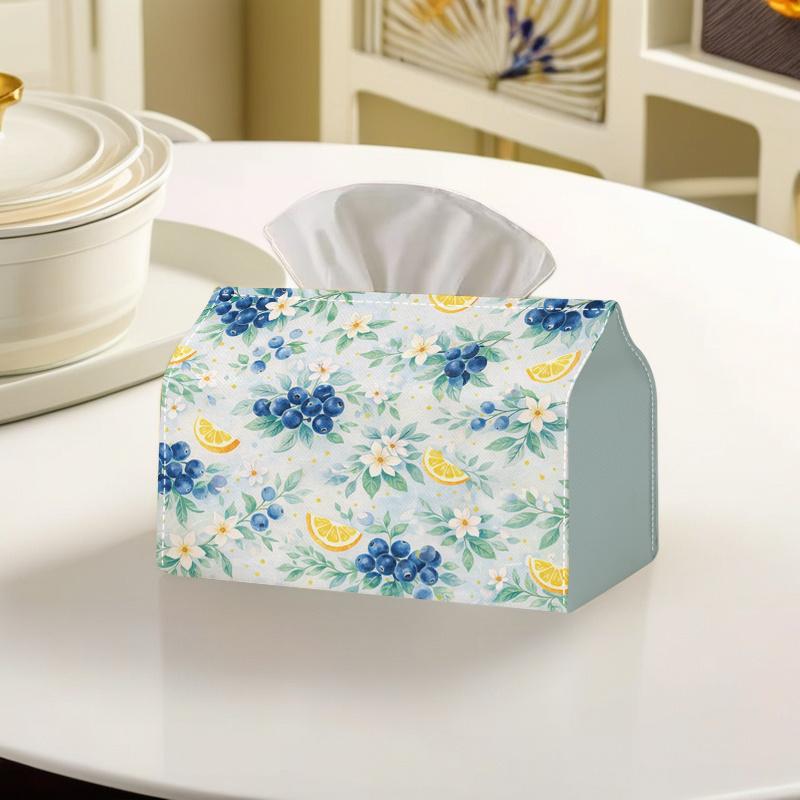 1pc 2D Flat Blueberry Lemon Floral Style Spring Summer Picnic Party Tissue Box, Polyester Material, Plus Size