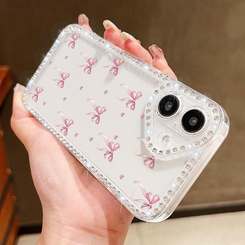 Bowknot Pattern Clear Silicone Phone Case For iPhone 16E 16 Pro Max 15 Pro 14 13 12 11 Diamond Frame Shockproof Soft Bumper Cover