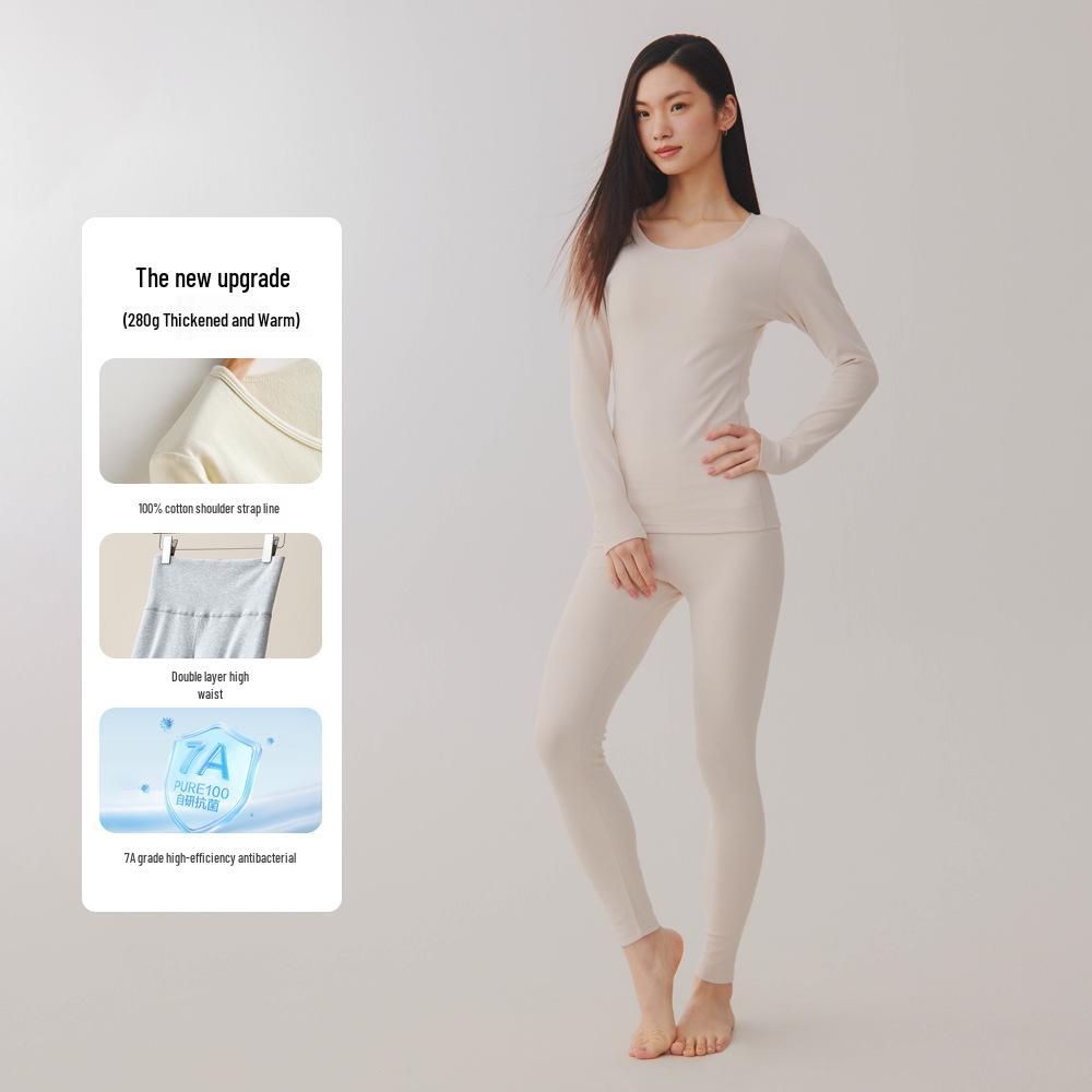 Женский комплект термобелья большого размера из двухсторонней фланели - Чистый хлопок, Толстый базовый слой с круглым вырезом для осени и зимы