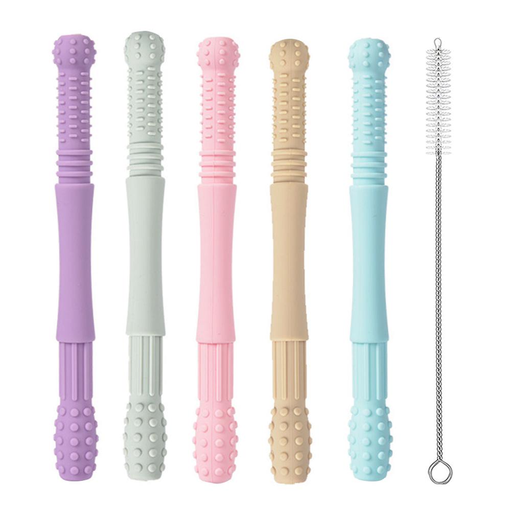 5Pcs Hollow Teething Tubes for Baby Soft Silicone Teether Baby Teething Toys with Cleaning Brush
