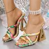 Мода Мода Принтованные Странные Босоножки на Каблуке Женские 2025 Лето Квадратный Носок 10см Высокий Каблук Шлепанцы Женские Перекрестные Ремни Вечерние Туфли для Платья