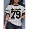 Striped 79 Letters 3D Print Round Neck Short Sleeved T-shirt for Women Breathable Polyester Stretch Comfortable for Everyday