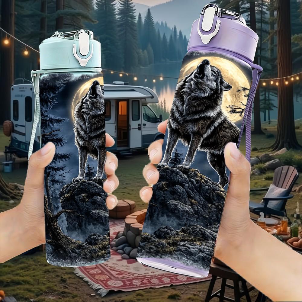 1PC Black Wolf Moon Night Dark Art Print 750ml Color Plastic Sports Water Bottle Leakproof Flip Straw Lid Suitable for Sports Office Home Use