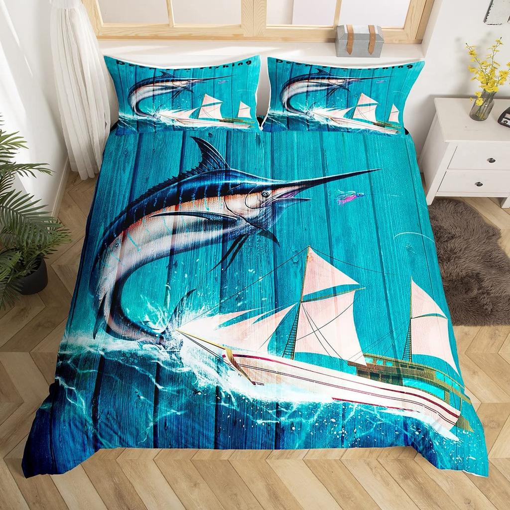 Marlin Swordfish Duvet Cover Set Hunting Fishing Bedding Set Tie Dye Sea Fishing Boat Marine Life Nautical Comforter Cover Queen