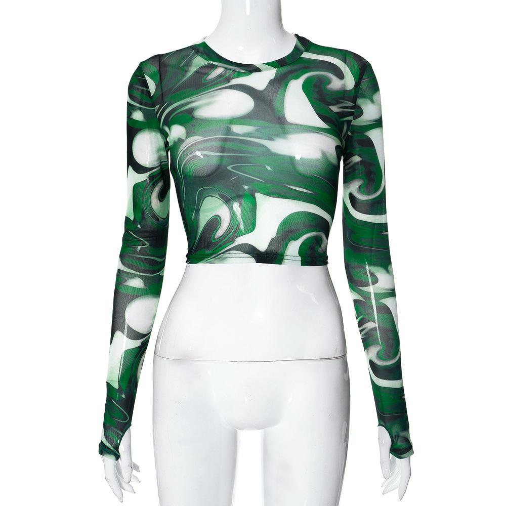 Женская сетчатая футболка с длинным рукавом с круглым вырезом и нерегулярным разрезом, пуловер, женская повседневная тонкая футболка, топ