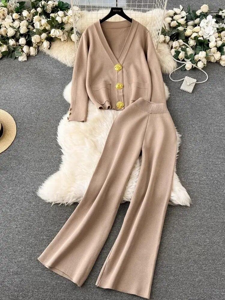 Осень-зима, кардиган с золотыми пуговицами и V-образным вырезом, карманы, вязаные свитера + широкие брюки, спортивные костюмы, длинный комплект из двух предметов