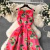 Summer Fashion Flower Vest Midi Dress Women's Sleeveless O-Neck Tank Floral Print Slim A Line Ball GownWomen Dresses
