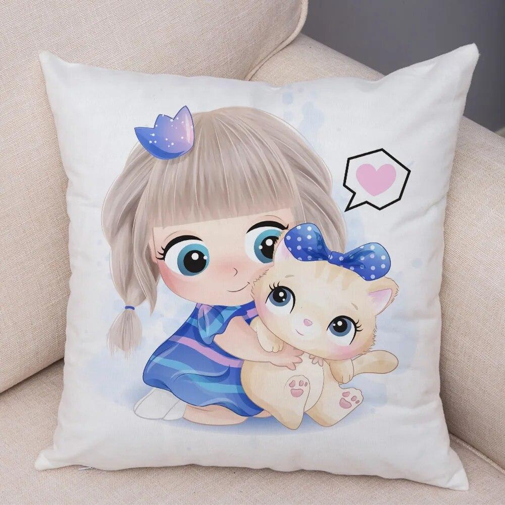 Children's Room Sofa Home Pillowcase Cute Cartoon Girl and Cat  Decoration  Animal Cushion Cover