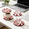 Decorative Candy Shape Coaster 4Pcs Red White Spiral Wooden Coasters, Round Peppermint Drink Wood Set Heat?Resistant Cup Pad, Christmas Tabletop