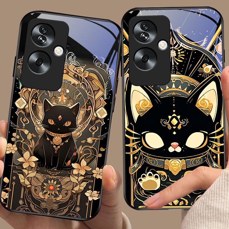 Черный Золотой Кот Для Oppo A79 5G 58 78 74 60 4G Reno 11F Realme GT 6 11 Note 50 10 C55 X2 Закаленное Стекло Черный Чехол для Телефона