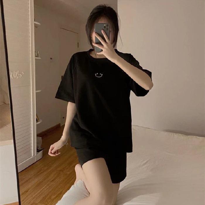 Женская вафельная пижама с длинными рукавами: Смайлик, Из двух частей, Круглый вырез, Милая домашняя одежда