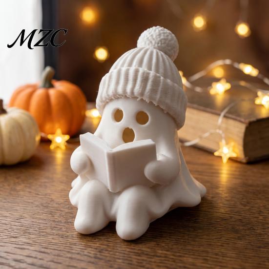 Small Halloween Table Figurine Cute Ghost Figurine, 3D Printed Reading Statue with Knit Beanie Cartoon Desk Accessory Hat, Whimsical Christmas Desktop