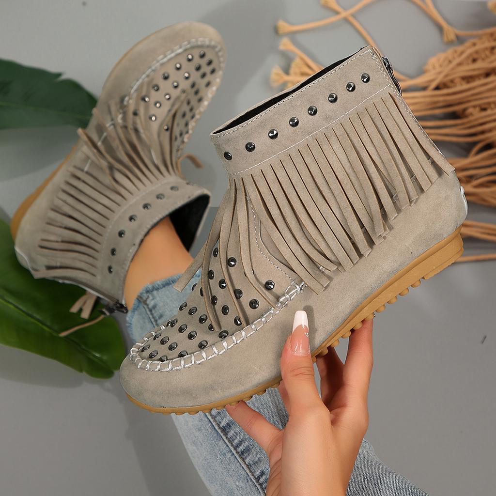 Autumn Retro Flat Heel Ankle Boots Fashion Round Toe Tassel Women Boots Soft Sole Short Boots Casual Women Shoes Botas De Mujer