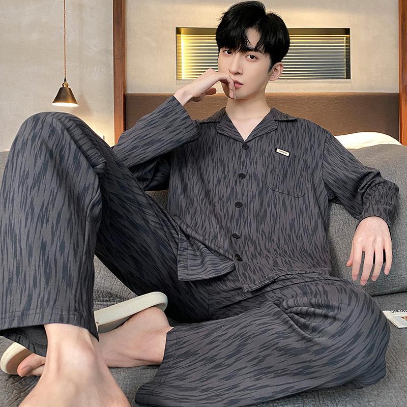 Хлопковая мужская пижама весна-осень с длинными рукавами ночная рубашка новый кардиган в клетку домашняя одежда для сна одежда для отдыха