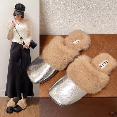 Меховые мюли, женские тапочки, теплые домашние туфли на плоской подошве, хлопковая обувь, зима 2024, тренд, мода, флип