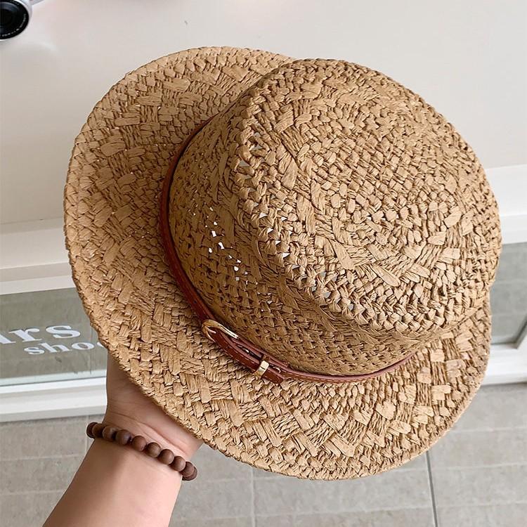 British Style Retro Flat Top Straw Hat Women'S Summer Hollow Sunshade Sunscreen Hat Seaside Vacation Style Straw Sun Hat