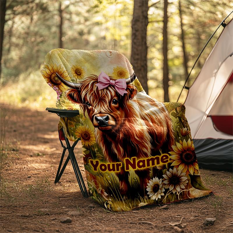 1PC Custom Name Highland Cow Sunflower Field flannel blanket versatile,all-season throw suitable for the living room,bedroom,camping,travel,and gift
