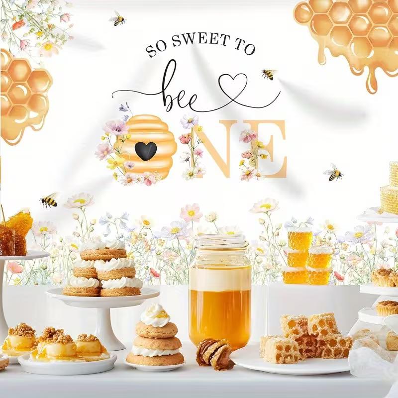 2D So Sweet To Bee One Backdrop, Bee Themed 1st Birthday Background with Flowers & Honeycomb