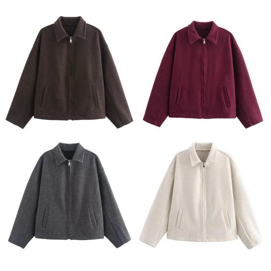 Женская шерстяная куртка на молнии, с длинными рукавами и лацканами, короткое пальто-бушлат, повседневная осенне-весенняя верхняя одежда с карманами