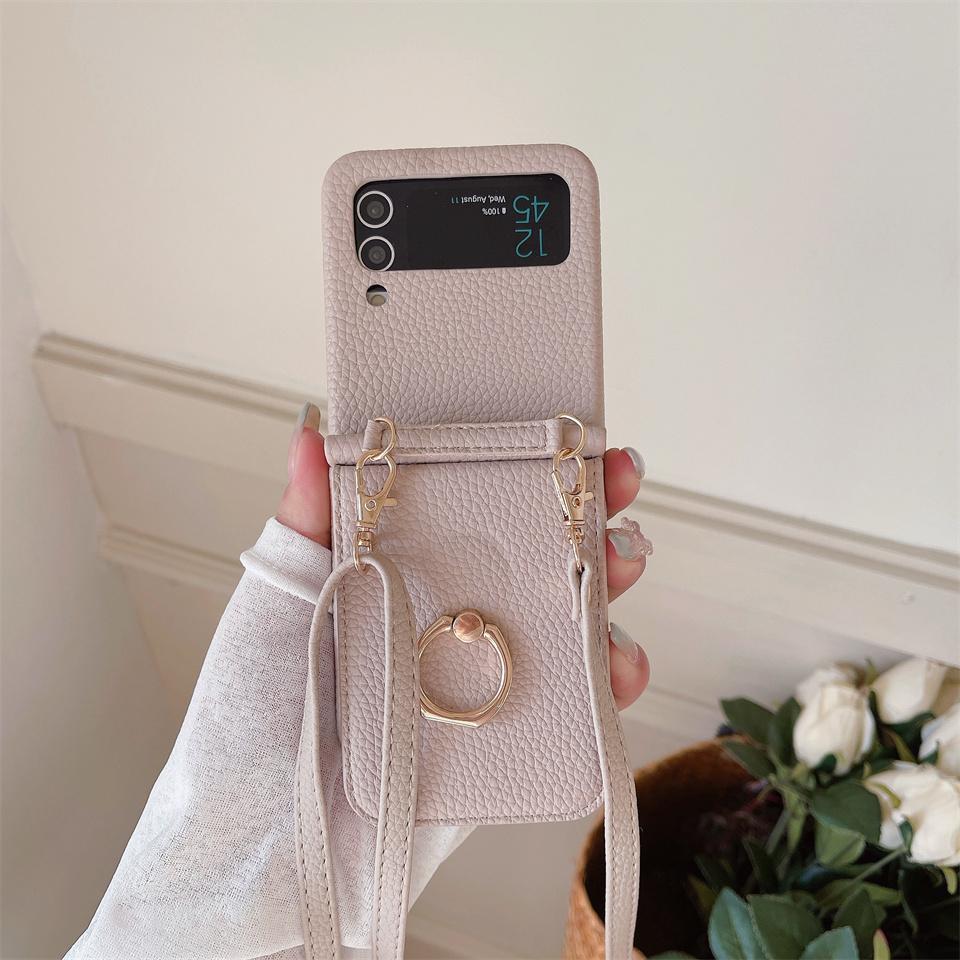 Кожаный чехол для телефона с ремешком через плечо для Samsung Galaxy Z Flip 5 4 3 Flip5 Flip4 Flip3 5G/iphone 15 14 13 12 11 Pro Ring Beauty Mirror