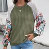 Fashionable and Casual Temperament Knit Tops Round Neck Floral Pattern Colorblocking Knit Sweater Women