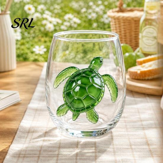 Decorative Aesthetic Water Tumblers Stemless Wine Glasses with Marine Animal Pattern, 420ml Capacity, High Borosilicate Cute Egg Shaped Glass
