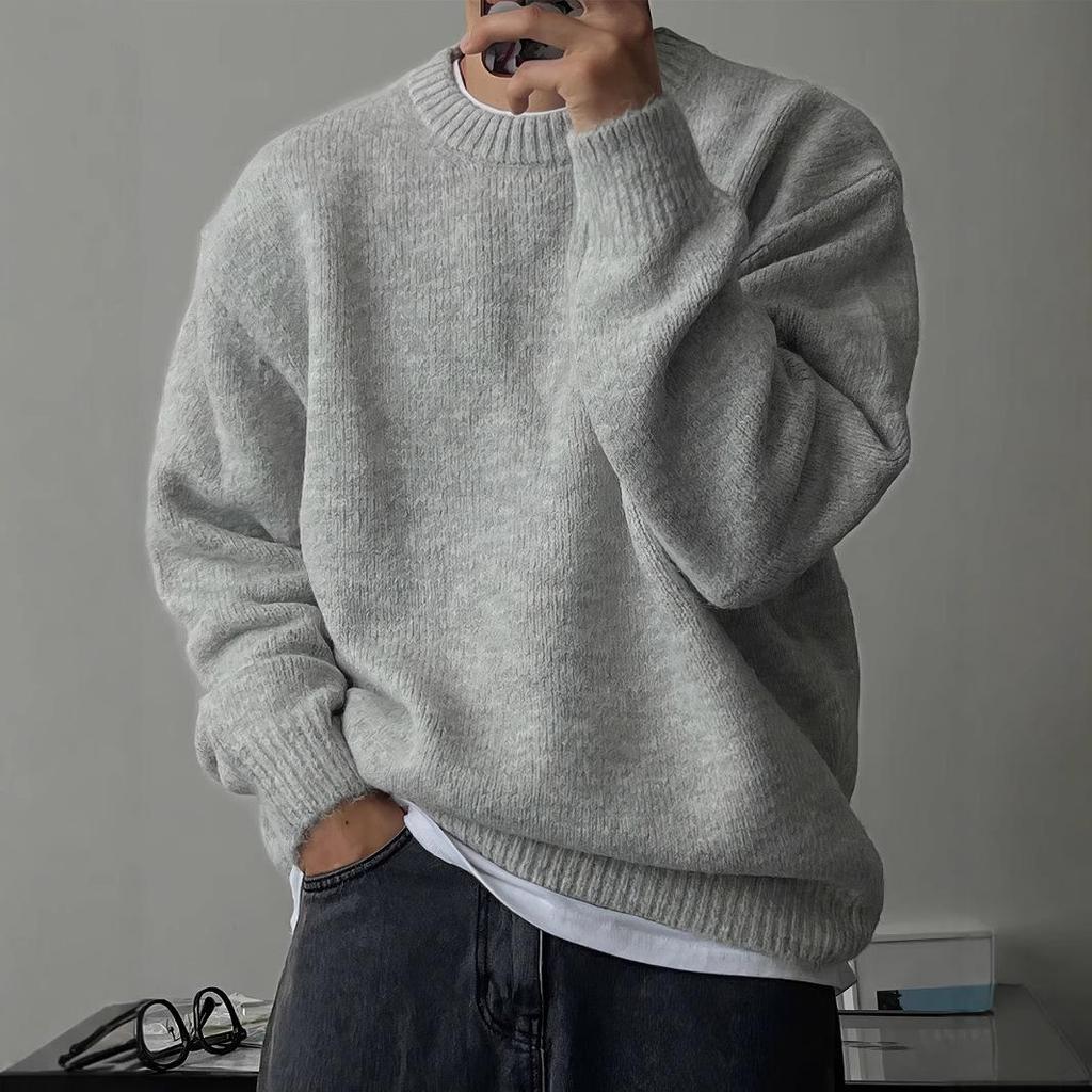 Men's Solid Color Round Neck Knit Sweater - Drop Shoulder, Warm, Versatile, Lazy Style, Thickened Outerwear for Spring and Autumn.