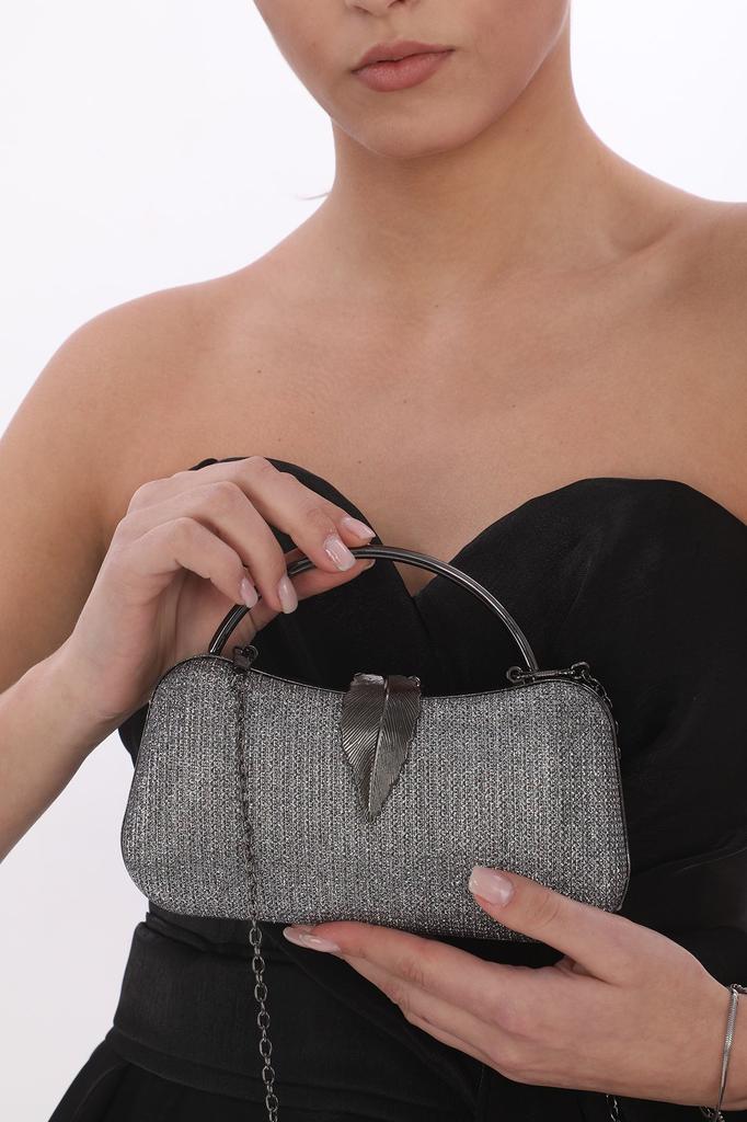 Women's Stylish and Useful Evening Dress Bag Gold Color Bream Material Leaf Accessory Hand and Strap Evening Dress Portfolio Clutch Evening Bag