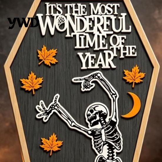 Natural Wood Festive Accents Halloween Table Sign, Spooky Message Board, Wooden Tabletop Centerpiece with Skeleton Desktop Skull Pumpkin Decor