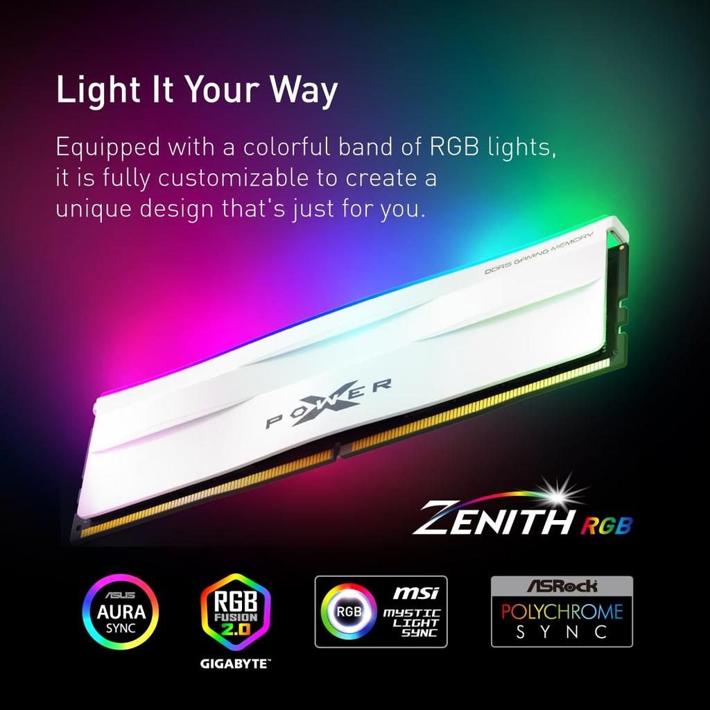 Silicon Power DDR5 32 ГБ Zenith RGB 6000 МГц CL30 UDIMM настольная ПК память DRAM SP032GXLWU60AFDF черный (2x16 ГБ) (ПК5-48000) 288-контактный 1,35 В