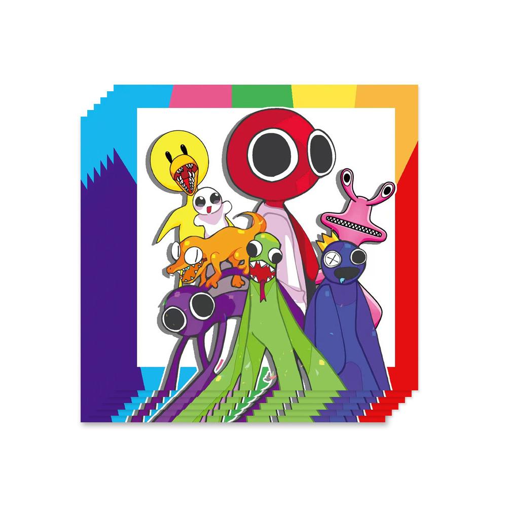 Набор посуды для вечеринки Rainbow Friends включает чашки, тарелки, салфетки и скатерть.