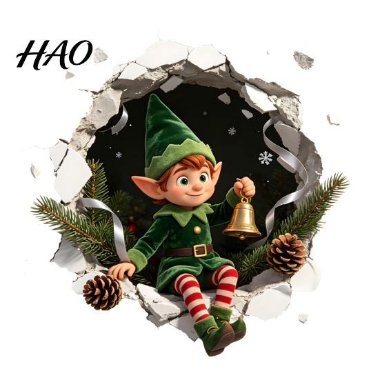 Decorative PVC Decals for Christmas 3D Toilet Sticker, Cute Elf Boy Breaking Through Wall Decal, Art Decor Funny Cracked Seat Cover Sticker