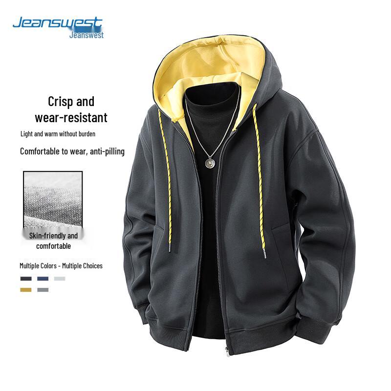 JEANSWEST Men's Autumn/Winter Heavyweight Cotton Blend Hooded Cardigan Sweatshirt