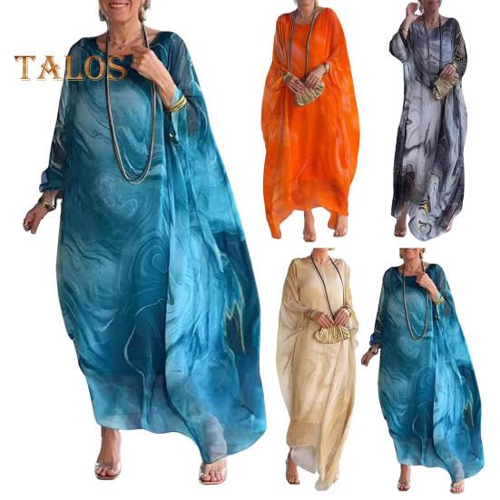 Женское платье макси с струящимся круглым вырезом и нерегулярными рукавами «летучая мышь», двухслойное мраморное платье с принтом, длина до щиколотки, повседневное платье макси