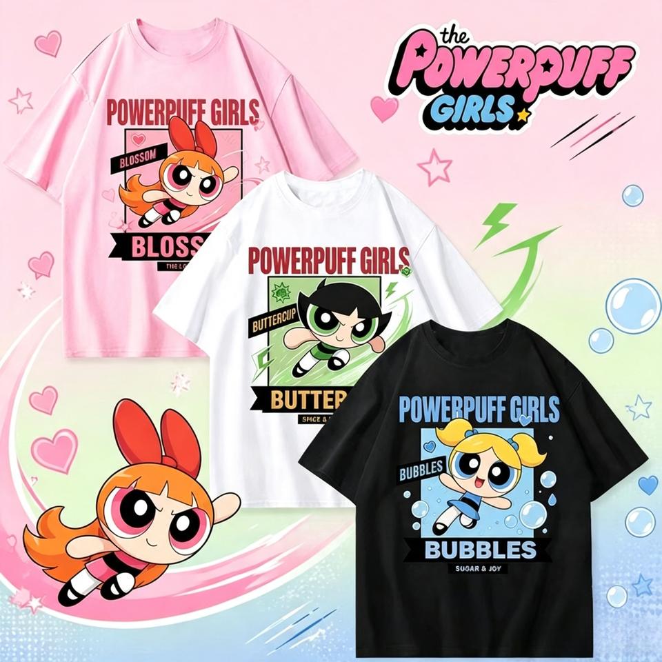 The Powerpuff Girls Blossom Buttercup Bubbles Tee Cartoon Anime Print T-shirt Casual Crewneck Short Sleeve Tops for Fans