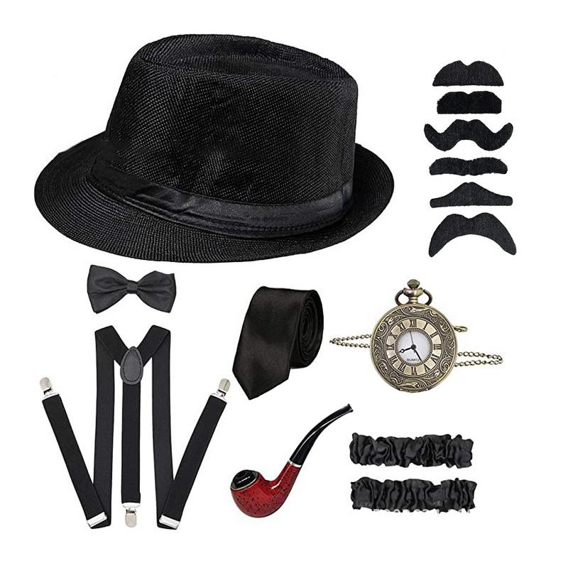 1Set 1920's Cosplay Costume Hat Pocket Watch Neck Tie Moustache Bowtie Gatsby Masquerade Accessories