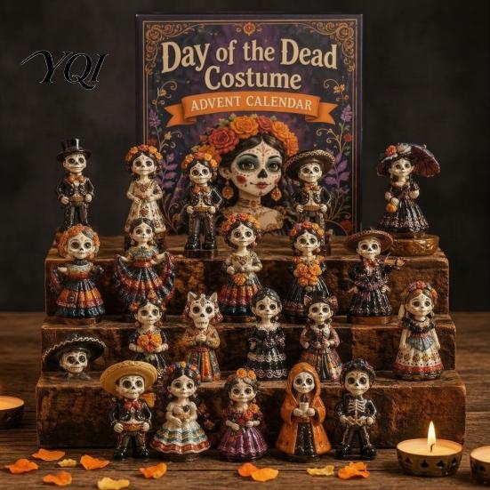 Acrylic Miniature Doll Set Day of The Dead Costume Advent Calendar 2026, 24 Days Countdown with Decorative Figurine Collection Pcs Mini Skull