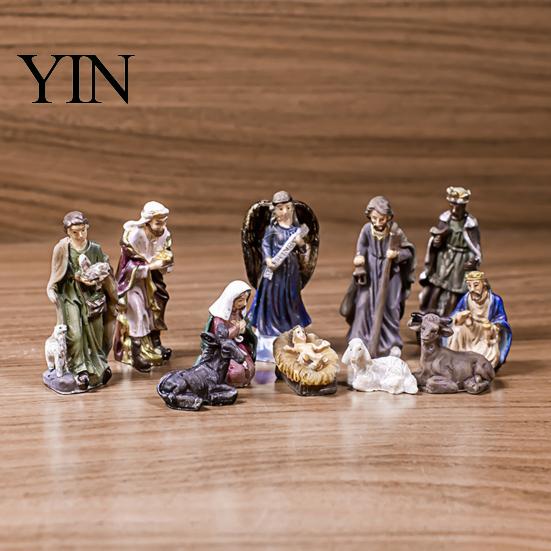 Hand Painted Resin Figures 11 Pcs Christmas Nativity Scene Set, Mini Figurines Tabletop Decor, Jesus Birth Decor Holy Family Angel Shepherd