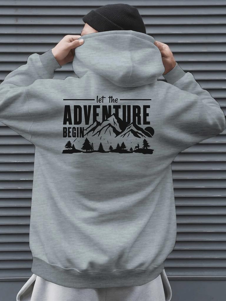 Retro Mountain Adventure Slogan Pattern Hoodie with Printed Back, Loose Long Sleeve Hiking Street Style Sweatshirt