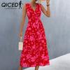Spring Summer Floral Print Women's Sleeveless V-neck High Waist Dress